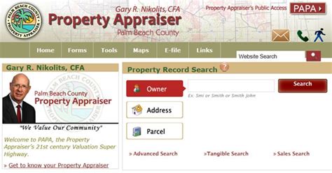Palm beach county appraiser - Palm Beach County Resource Guide. Palm Tran Bus Routes. PBC Interactive. PBIA Flight Schedules and Status. Permit Tracking - Permit Status & Inspection History. Pet Area …